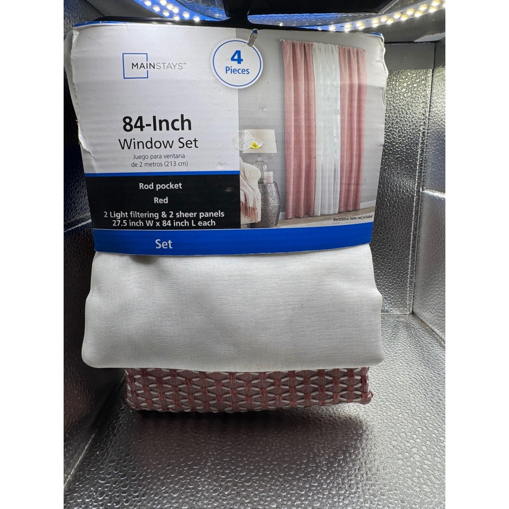 Mainstays 4 Piece Window Curtain Set 84 Inch Red White Sheer Light Filtering New